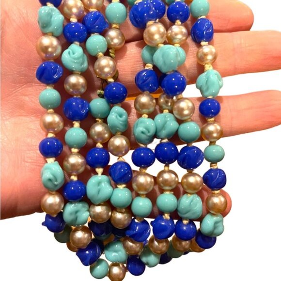Antique Handmade CZECH Glass blue fancy bead & pearl necklace 48” LoNG - Picture 8 of 12